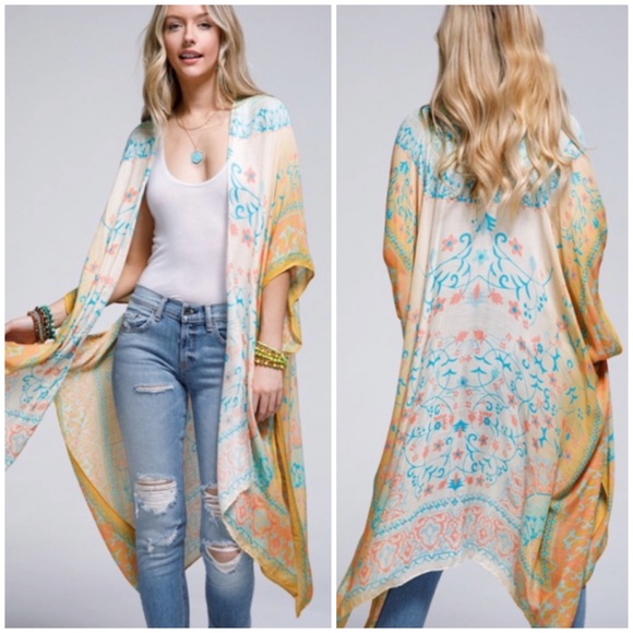 Tops - SOLD OUT Amelia Floral Mandala Motif Ombre Spring Summer Kimono Wrap Coverup Top